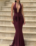 Amira Maxi Dress | Women's Deep Halter, Ruched Waist