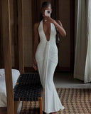 Amira Maxi Dress | Women's Deep Halter, Ruched Waist