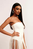 Brynn Strapless Maxi Dress | Bandage Corset with Fringe Panel