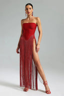Brynn Strapless Maxi Dress | Bandage Corset with Fringe Panel