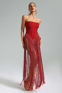 Brynn Strapless Maxi Dress | Bandage Corset with Fringe Panel