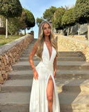 Cleo White Maxi Dress | Sleeveless Halter V-Neck Chiffon for Women