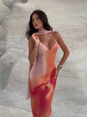 Fiora Maxi Dress | Satin Ombre Floral, Open-Back Spaghetti Straps