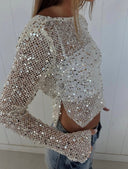 Gala Sequin Mesh Crop Top | Open-Back, Full-Length Sleeves
