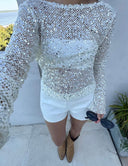 Gala Sequin Mesh Crop Top | Open-Back, Full-Length Sleeves