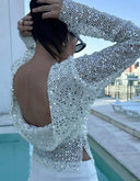 Gala Sequin Mesh Crop Top | Open-Back, Full-Length Sleeves