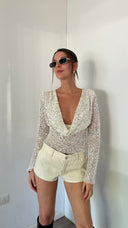 Gala Sequin Mesh Crop Top | Open-Back, Full-Length Sleeves