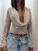 Gala Sequin Mesh Crop Top | Open-Back, Full-Length Sleeves