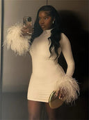 Adelyn | Women's Feather Cuff Long Sleeve Bodycon Mini Dress