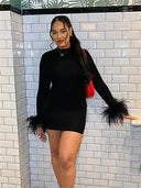 Adelyn | Women's Feather Cuff Long Sleeve Bodycon Mini Dress