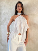 Sabrina | Women's Halter Ruffle Sleeveless Sheer Layered Party Top