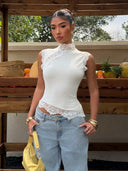 Jovia White Sleeveless Top | Fitted, Lace Trim, High Neck