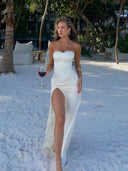 Kinsley Satin Maxi Dress | Strapless, Lace Trim, Front Slit