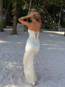 Kinsley Satin Maxi Dress | Strapless, Lace Trim, Front Slit