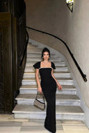 Kora Black Maxi Dress | Square-Neck, Shoulder-Drape Bodycon