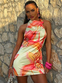 Liora Mini Dress | Floral Print Halter Neck Sleeveless