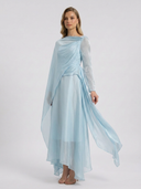 Madelyn Maxi Dress | Draped Bodice, Cape Overlay, Long Sleeve