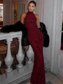 Mae Maxi Dress | Sleeveless Halter Neck Sequin Gown