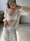 Marina Sequin Mesh Top | Off-Shoulder, Sheer, Billowing Sleeves