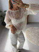Marina Sequin Mesh Top | Off-Shoulder, Sheer, Billowing Sleeves