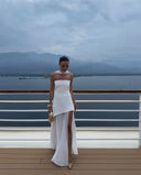 Nerina Maxi Dress | Strapless, Asymmetrical Hem, Sheer Detailing