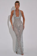 Noé Maxi Dress | Women's Silver Sequin Halterneck
