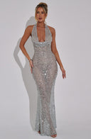 Noé Maxi Dress | Women's Silver Sequin Halterneck