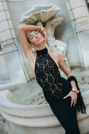 Rayna Maxi Dress | High-Neck, Sleeveless Lace Bodycon