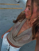 Rivelle Halter Crop Top | Metallic Ribbed Lurex, Deep V Cowl Neck