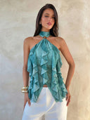 Sable Halter Top | Sheer Layered Ruffle Sleeveless