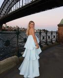 Serena Maxi Dress | Satin Tiered Ruffle, Spaghetti Strap