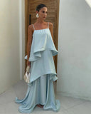 Serena Maxi Dress | Satin Tiered Ruffle, Spaghetti Strap