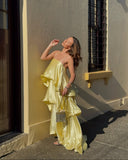 Serena Maxi Dress | Satin Tiered Ruffle, Spaghetti Strap