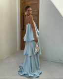 Stevie Maxi Dress | Satin Tiered Ruffle, Spaghetti Strap