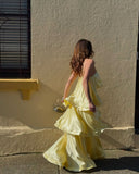 Stevie Maxi Dress | Satin Tiered Ruffle, Spaghetti Strap